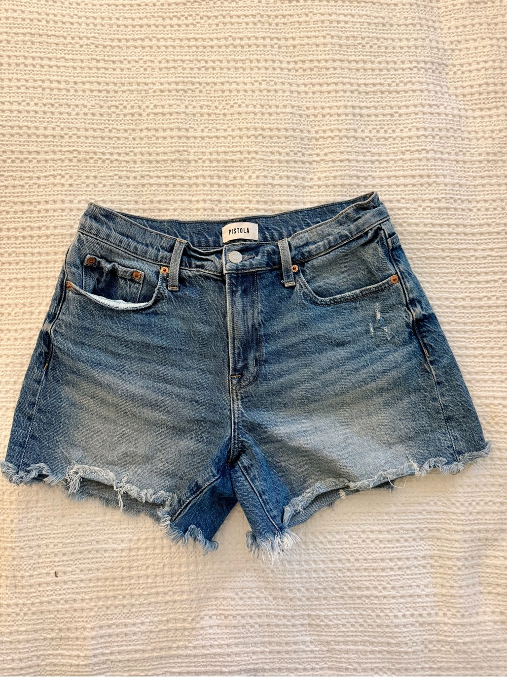 pistola Distressed Medium Blue Denim Cutoff Shorts